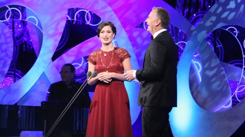Rose of Tralee Maggie Rose McEldowney on stage with host Daithi O Se
