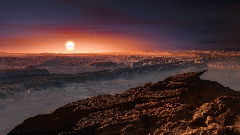 Artist's impression shows a view of the surface of the planet Proxima b orbiting the red dwarf star Proxima Centauri (Pic: ESO/M. Kornmesser)