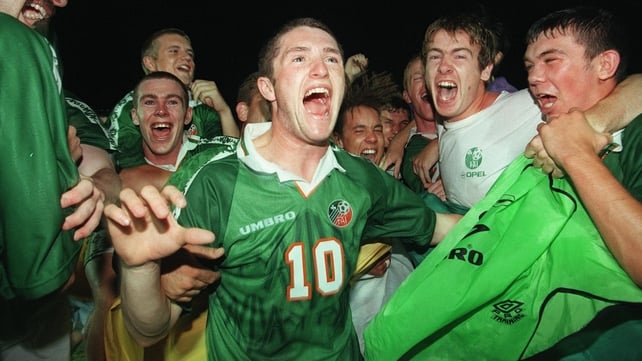 Keane celebrates after hearing that Croatia beat England to put them in the final, where they defeated Germany on penalties