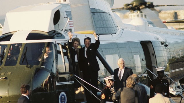US President Ronald Reagan and his wife Nancy at Shannon Airport at the start of their three-day visit to Ireland on 1 June 1984. Minister for Foreign Affairs Peter Barry is on the right. (Pic: RTÉ Stills Library)