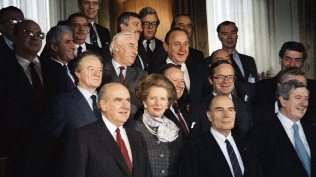 European leaders and dignitaries at Dublin Castle, during an EEC summit in December 1984. Peter Barry (C) behind Margaret Thatcher attended along with taoiseach Garrett FitzGerald (Pic: RTÉ Stills Library)
