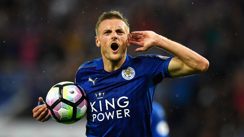 Jamie Vardy celebrates breaking the deadlock for the champions