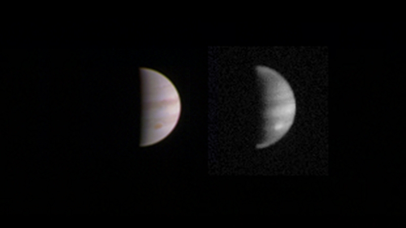 A handout composite photograph, made available by NASA today, shows a dual view of Jupiter taken on 23 August when NASA's Juno spacecraft was 4.4 million kms from Jupiter