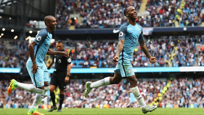 Raheem Sterling celebrates at the Etihad