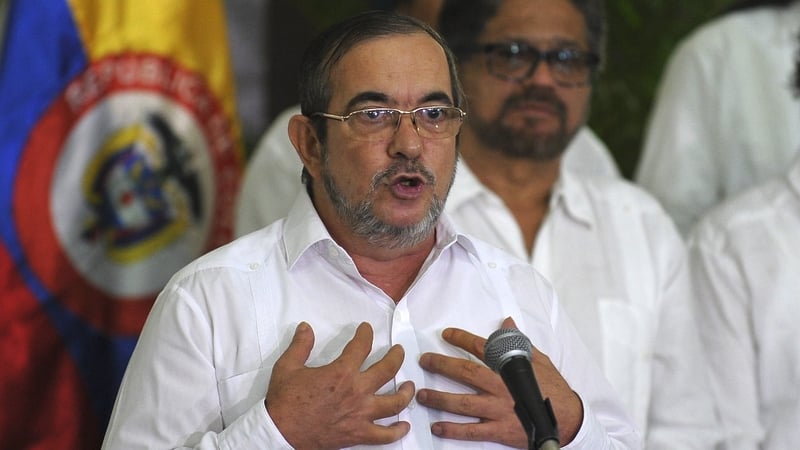 FARC leader Timoleon Jimenez speaks during a press conference with other members of his delegation in Havana