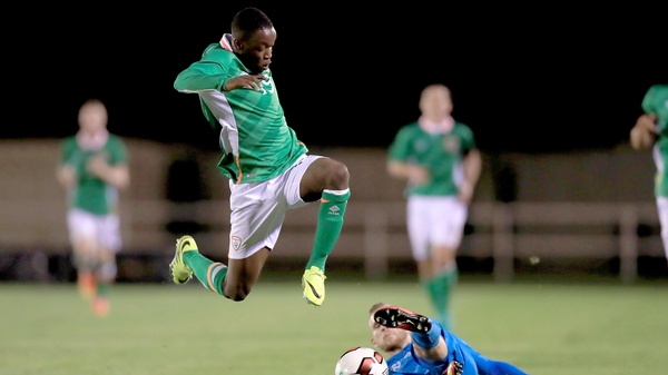 Olamide Shopido skips over the challenge of Aljaz Krefl of Slovenia