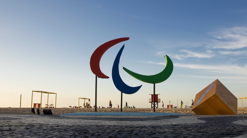 The Paralympic symbol, displayed at Copacabana beach