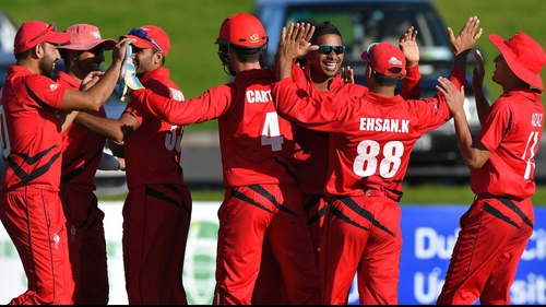 Hong Kong Hong Kong celebrate the dismissal of William Porterfield in Monday's game