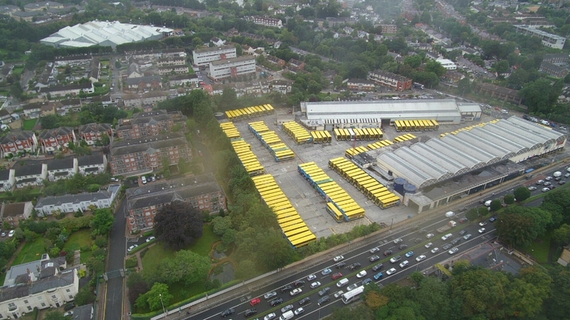 Donnybrook Bus Garage with buses parked during today's strike (Pic: @dubdrone/Bartek Wanczyk)