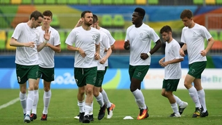 The Ireland men's football team warm up before their clash with Ukraine