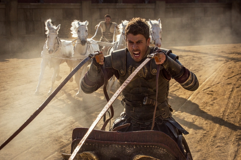 Look, he's behind you: Messala (Toby Kebbell) in the climactic chariot race in Ben-Hur