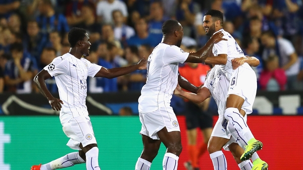 Riyad Mahrez (r) scored twice as Leicester had an easy win in Belgium