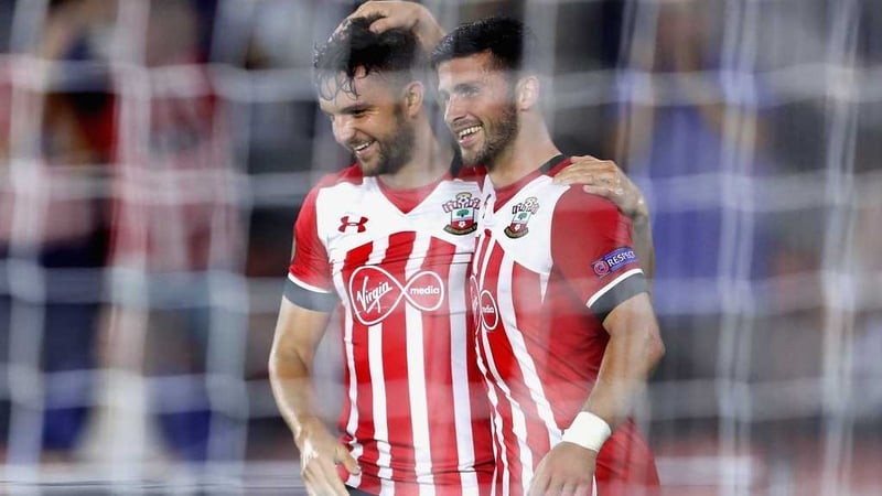 Shane Long congratulates Jay Rodriguez