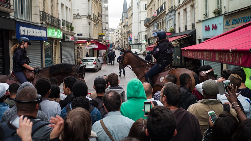 French equestrian police secure access to rue Saint-Denis during the alert in Paris