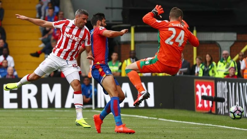 Jonathan Walters and Shay Given are unable to prevent James Tomkins scoring for Crystal Palace