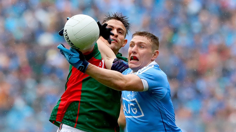 Mayo’s Jason Doherty and John Small of Dublin battle for possession