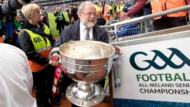 Not today. Jerry Grogan takes the Sam Maguire back inside after the drawn match