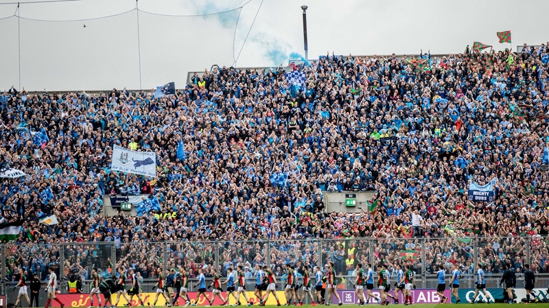 Dublin and Mayo parade past Hill 16 in Sunday's drawn All-Ireland final