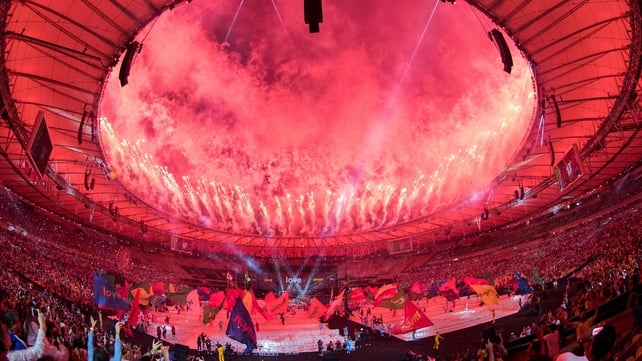 Fireworks around the rim of the arena at the end of the closing ceremony