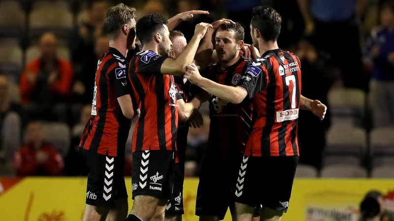 Bohs players congratulate goalscorer Kurtis Byrne