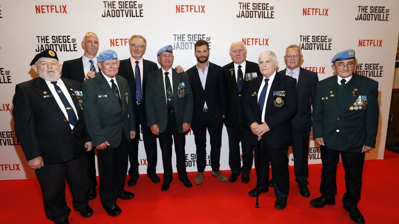 Jamie Dornan with Jadotville veterans and members of their families at the Savoy Cinema Premiere photos: Andres Poveda
