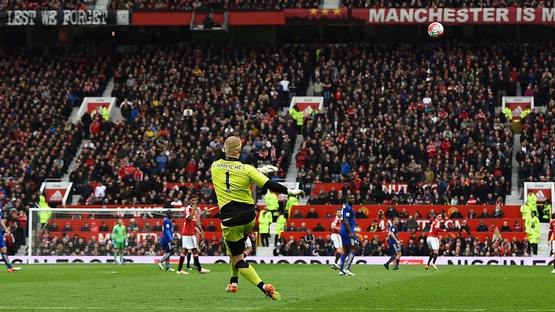Kasper Schmeichel takes a kick out at Old Trafford last season