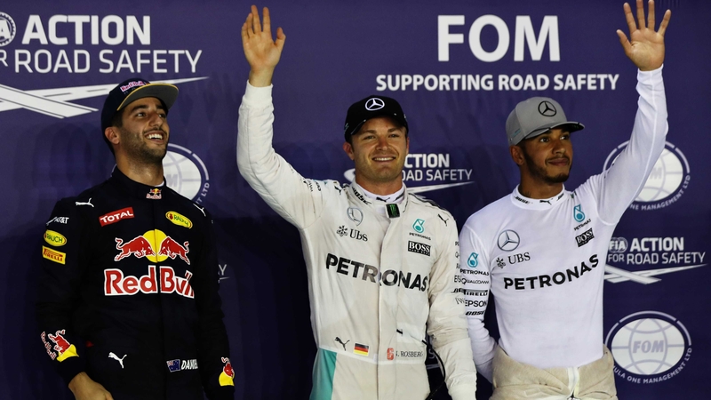 (L-R) Daniel Ricciardo, Nico Rosberg and Lewis Hamilton