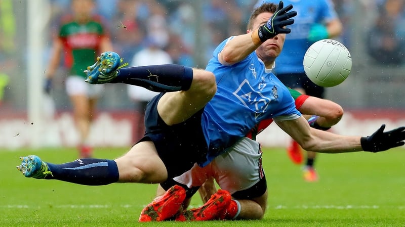 Paddy Andrews of Dublin loses his footing while trying to collect a ball during the drawn All-Ireland final