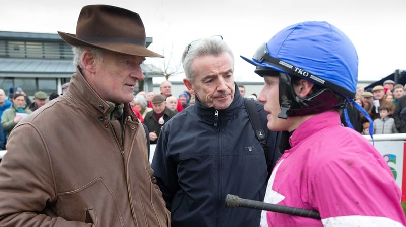Willie Mullins (L) with Michael O'Leary and jockey Paul Townend