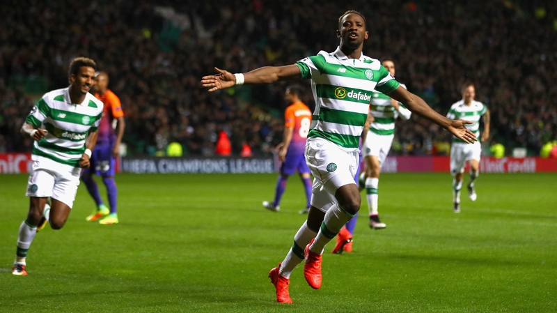 Moussa Dembele celebrates after scoring Celtic's third goal against Manchester City