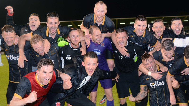 Dundalk players celebrating their Champions League qualifying round defeat of BATE Borisov at Tallght Stadium
