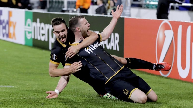 Ciaran Kilduff (R) celebrates with Robbie Benson after scoring against Maccabi Tel Aviv