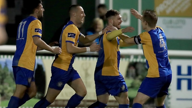 Ger Pender of Bray celebrates scoring the first goal of the game