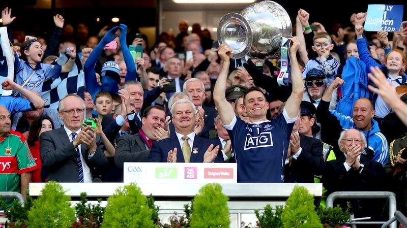 Dublin captain Stephen Cluxton lifts the Sam Maguire