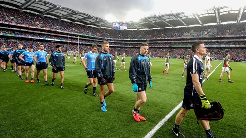 The teams parade around Croke Park prior to throw-in