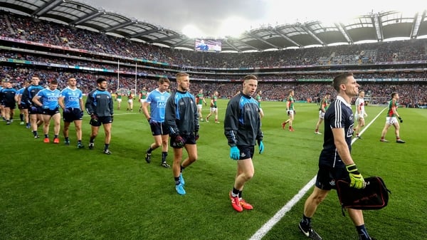 The teams parade around Croke Park prior to throw-in