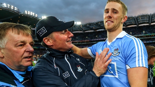 Dublin’s Paul Mannion celebrates with manager Jim Gavin