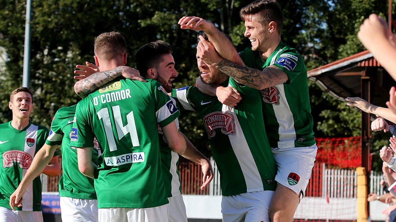 Cork City players mob Alan Bennett after his goal against St Pat's