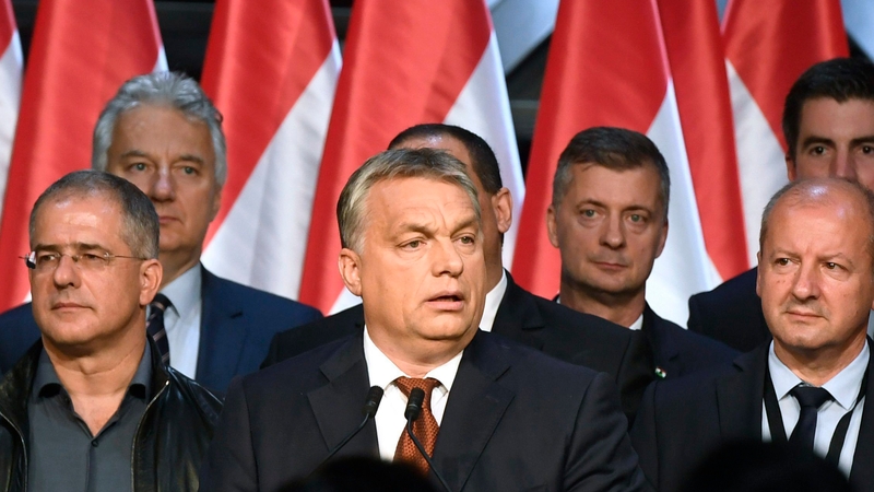 Hungarian Primie Minister Viktor Orban (centre) delivers a speech during the Fidesz party's event after the referendum in Budapest, Hungary