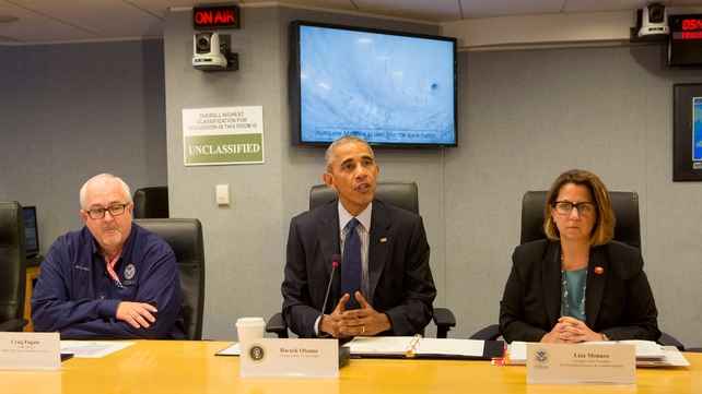 US President Barack Obama makes a statement after receiving a briefing on the hurricane at the Federal Emergency Management Agency (FEMA)