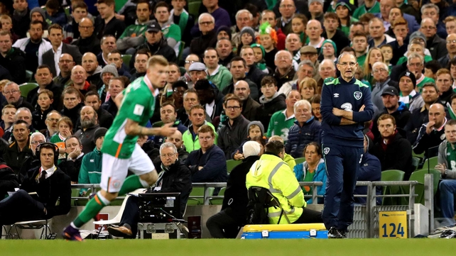 Ireland manager Martin O'Neill on the sideline, being carefully watched by RTÉ Soccer Correspondent Tony O'Donoghue
