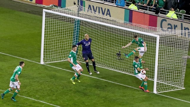 Seamus Coleman clears the ball off the line as Ireland live dangerously from a Georgia set piece