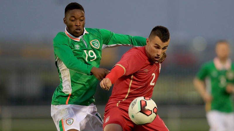Olamide Shodipo with Milan Gajic of Serbia during their Under-21 clash in Waterford