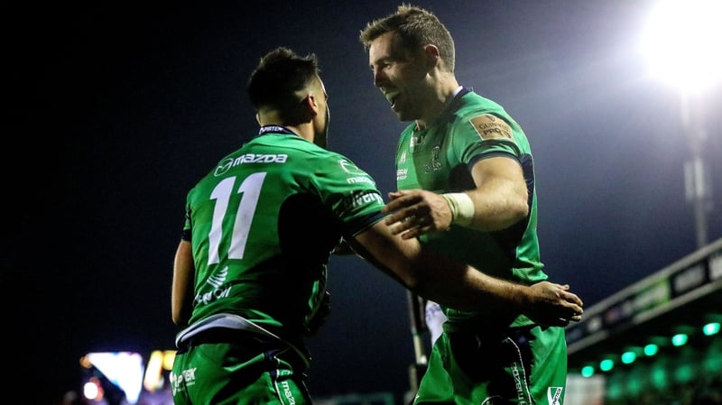 Cian Kelleher celebrates scoring Connacht's fourth try with Craig Ronaldson