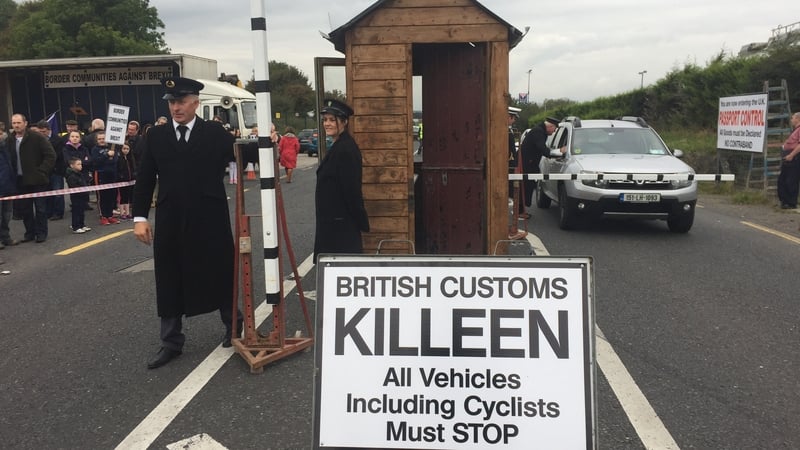 Protesters put up a mock customs building at the demonstration at Carrickarnon in Co Louth