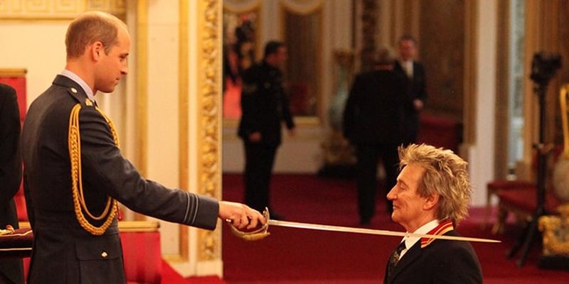 Rod Stewart was knighted in Buckingham Palace by Britain's Prince William