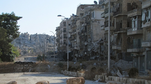 A picture shows destruction as Syrian pro-government forces advance in Aleppo's Bustan al-Basha neighbourhood