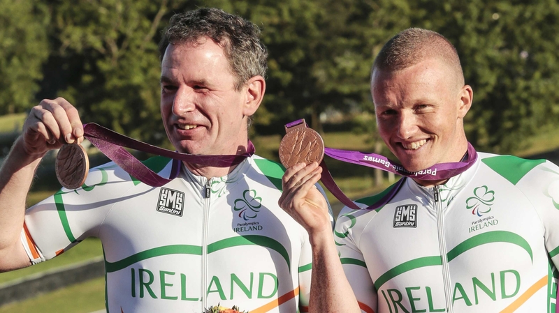 James Brown (L) with Damien Shaw celebrating with their 2012 Paralympic Games bronze medals