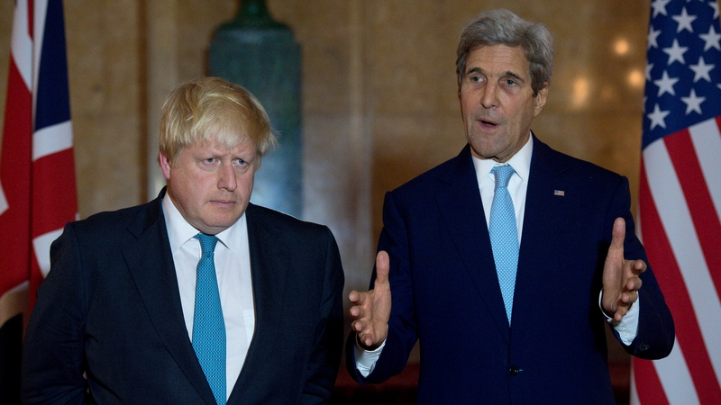 British Foreign Secretary Boris Johnson (left) and US Secretary of State John Kerry following a meeting in London to discuss the situation in Syria