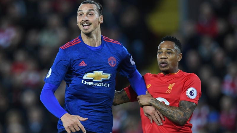 Zlatan Ibrahimovic in action against Liverpool's Nathaniel Clyne